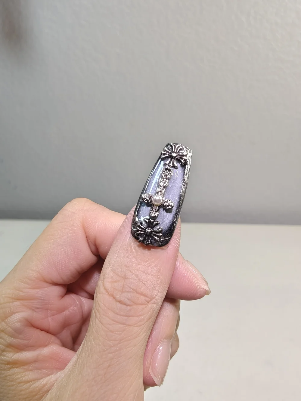 Gothic Black Gray Ombre Long Coffin Press On Nails With Cross Daisy Rhinestones